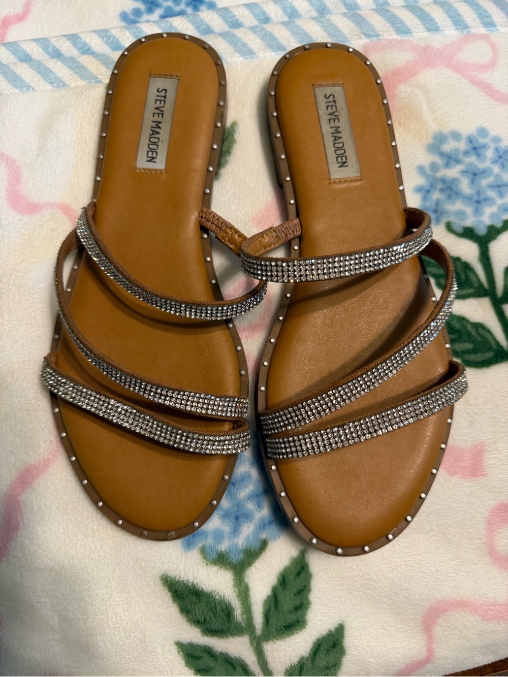 Steve Madden Tan Rhinestone Strappy Slide Sandals